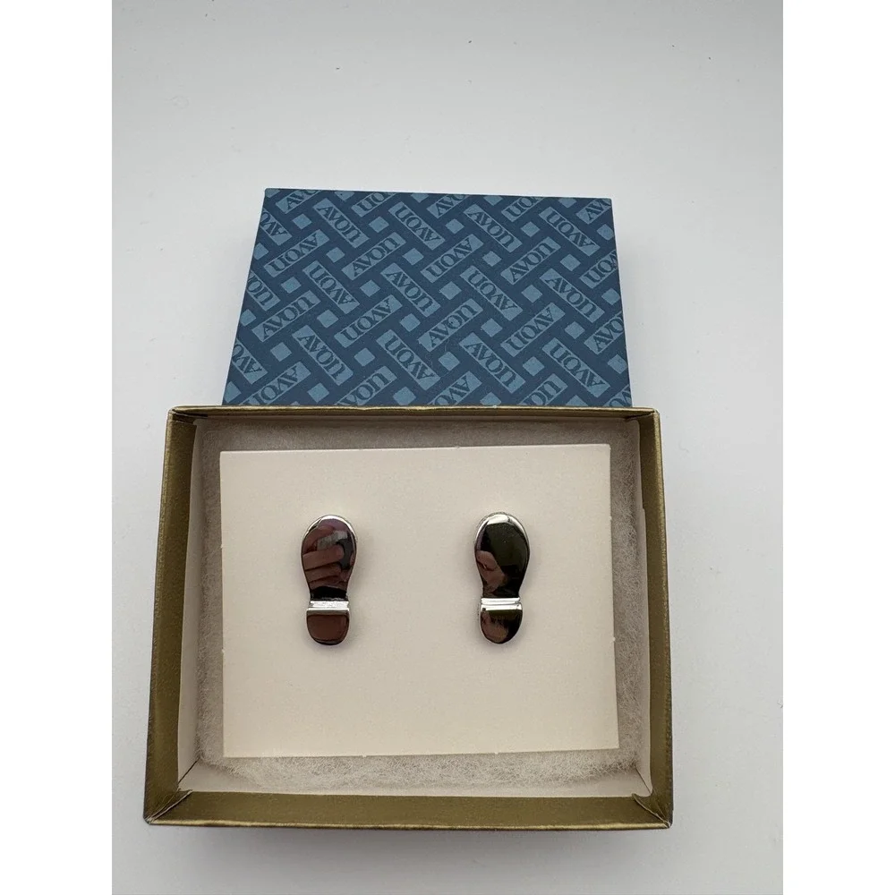 Vintage Avon Men's Cufflinks Silver Tone Shoe Footprint Design w/ Original Box